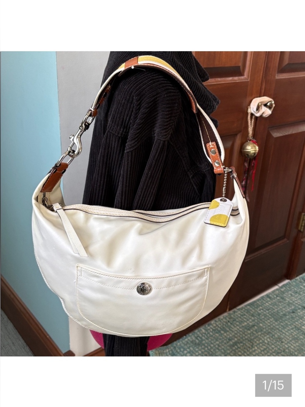 Coach Vintage Hampton shoulder bag  white satin nylon brown leather/yellow trim
